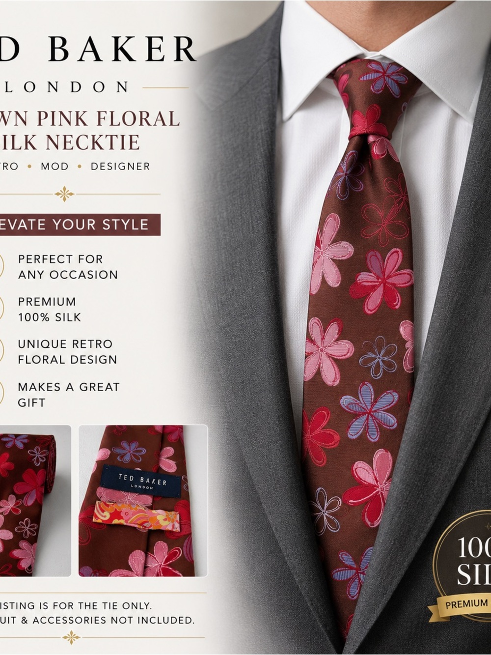 Ted Baker London Brown Pink Floral Silk Necktie Retro Mod Designer Tie